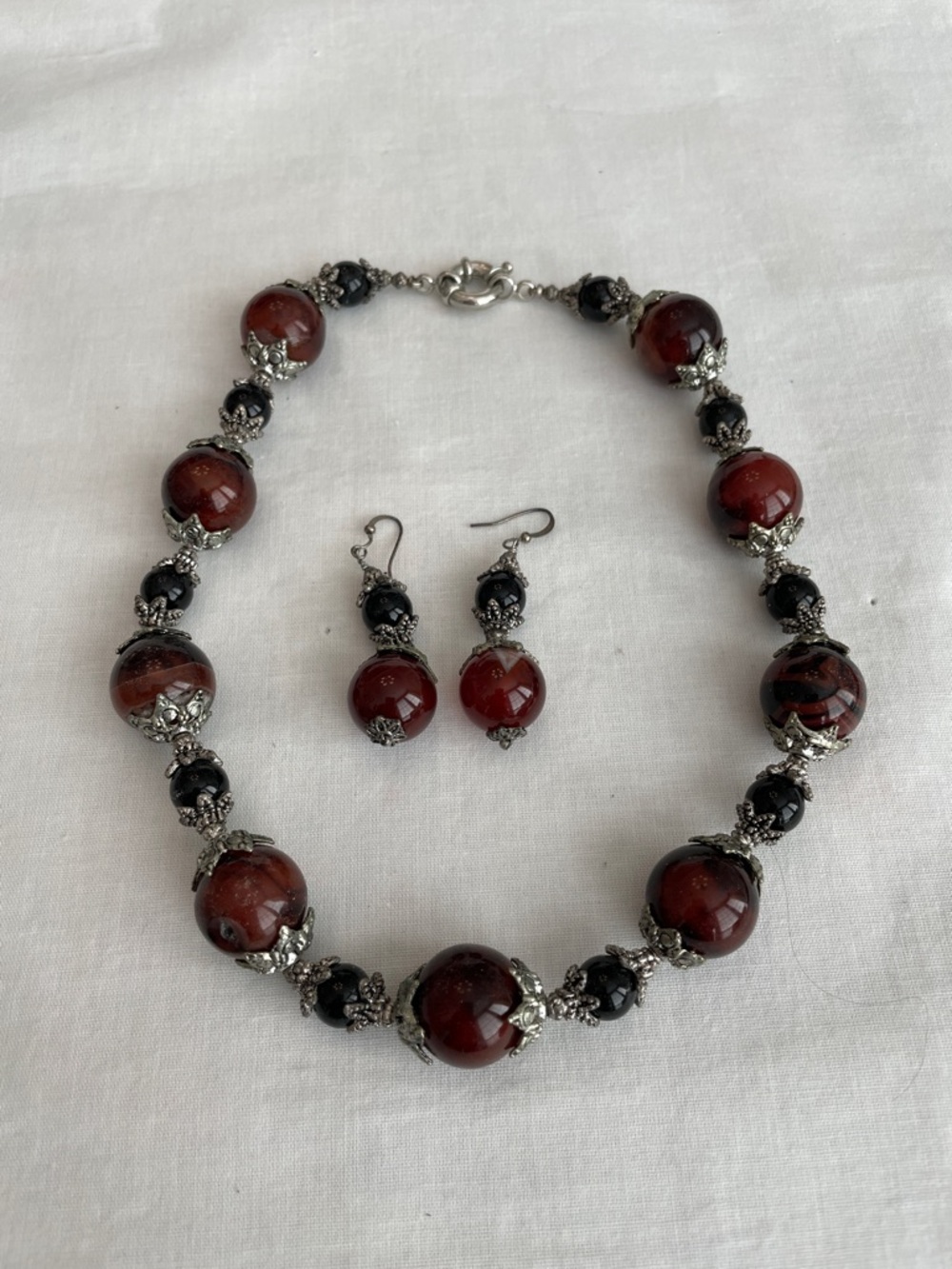 Bold Brown and Black Stone Beaded Necklace with Matching Earrings